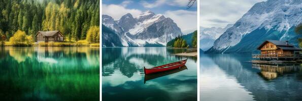 três cabanas com dois barco dentro água em lago foto