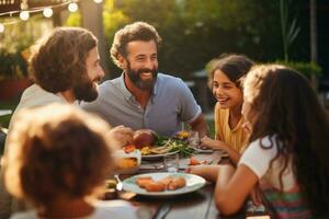 feliz família colhido por aí a mesa - comovente e alegre. foto