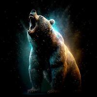 ai generativo uma enorme grisalho Urso em pé dentro uma colorida tremeluzente luz e rosnar furiosamente foto