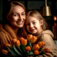 ai generativo uma lindo mãe e filha perto uma grupo do tulipas foto