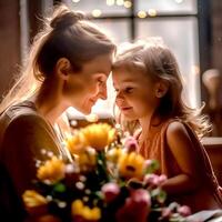 ai generativo amoroso mãe e filha estão dentro amor dentro a quarto foto