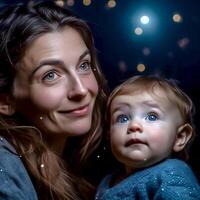 ai generativo uma amoroso mãe e pequeno criança olhando acima às a noite céu foto