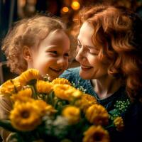 ai generativo mãe e filha com encaracolado cabelo segurando uma grupo do flores foto