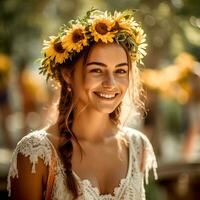 ai generativo a atraente noiva com uma coroa do flores poses para a Câmera às a exterior porta foto