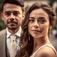 ai generativo lindo jovem Casamento casal ao ar livre foto