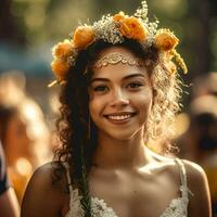 ai generativo fechar-se do bonita sorridente noiva dentro lindo vestir e flores em ao ar livre fundo foto