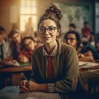 ai generativo sorridente jovem fêmea professor dentro óculos sobre a Sala de aula foto
