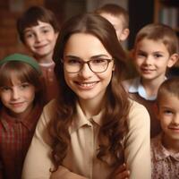 ai generativo professor sorridente às a Câmera com dela primário alunos foto