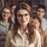 ai generativo uma lindo professor posando para a Câmera com dela alunos foto