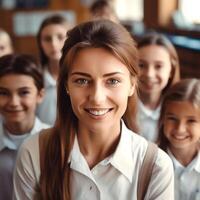 ai generativo retrato do fêmea professor posando às a Câmera com dela alunos foto