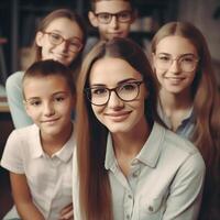 ai generativo uma fêmea professor posando para a Câmera com dela alunos foto