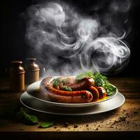 ai generativo delicioso salsichas com fumaça dentro prato em uma de madeira mesa com fumaça foto