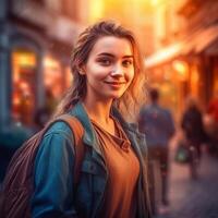 ai generativo uma lindo turista menina poses para a Câmera debaixo a rua fundo foto