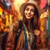 ai generativo lindo sorridente turista menina com chapéu em cidade fundo foto