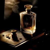 ai generativo uma vintage estilo perfume garrafa em topo do uma livro em uma Sombrio fundo foto