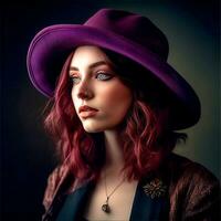 ai generativo uma bonita mulher vestindo uma Preto chapéu com roxa cabelo foto