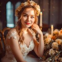 ai generativo uma linda noiva dentro elegante Casamento vestir com uma flor coroa posando para a Câmera foto