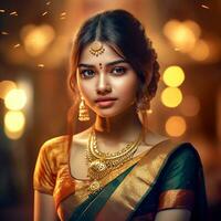 ai generativo retrato do uma jovem menina vestir acima indiano saree e posando em Castanho fundo foto