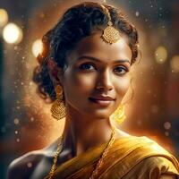 ai generativo bonita bronzeado cor pele indiano jovem menina vestir acima saree foto