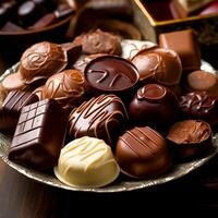 ai generativo delicioso chocolates dentro a prato em a mesa foto