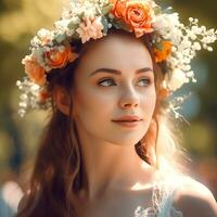 ai generativo uma amoroso bonita menina vestindo uma coroa do flores em dela cabeça dentro borrado natureza fundo foto