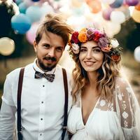 ai generativo uma amoroso bonita casal posando para a Câmera dentro borrado balões fundo foto