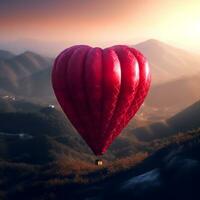 ai generativo lindo vermelho cor em forma de coração ar balão dentro a céu foto