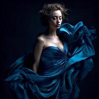 ai generativo uma bonita menina poses para a Câmera dentro a abstrato azul bagunçado vestir foto