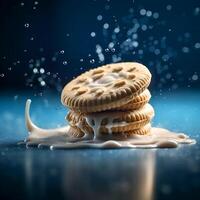 ai generativo delicioso sanduíche biscoitos com branco baunilha creme fluxo em a Sombrio fundo foto