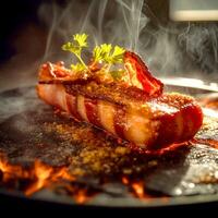 ai generativo delicioso quente bacon em uma Preto prato em uma borrado fundo foto