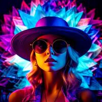 ai generativo à moda menina posando para a Câmera com uma fofa chapéu e oculos de sol dentro uma colorida tema foto