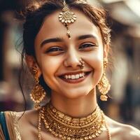 ai generativo uma ásia menina com uma lindo face dentro uma saree e joalheria dentro uma borrado fundo foto