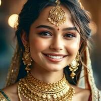 ai generativo indiano menina com uma lindo face dentro uma saree e joalheria foto