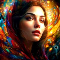 ai generativo pintura do uma bonita menina com colorida cabelo arte em abstrato fundo foto