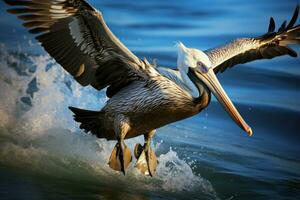 destemido Castanho pelicano mergulhando. gerar ai foto