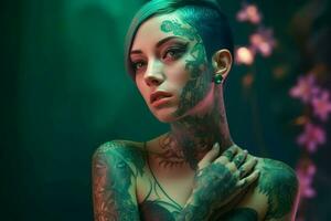 menina verde vestir tatuagens. gerar ai foto