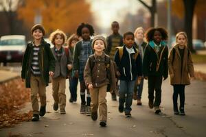 pequeno elementar alunos caminhando escola. gerar ai foto
