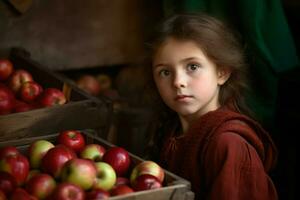 pequeno menina maçãs cesta outono. gerar ai foto