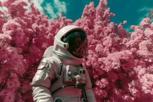 Rosa flores astronauta Flor parque. gerar ai foto