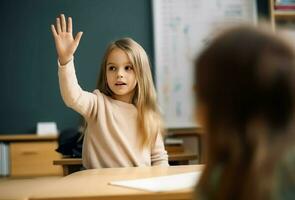 menina Sala de aula mão. gerar ai foto