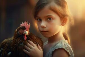 pequeno menina com frango. gerar ai foto