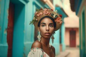 cubano mulher moda rua. gerar ai foto