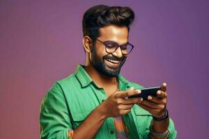 indiano homem jogando jogos em Smartphone. gerar ai foto