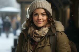 retrato do uma lindo jovem mulher dentro uma chapéu e cachecol em a rua dentro inverno ai gerado foto