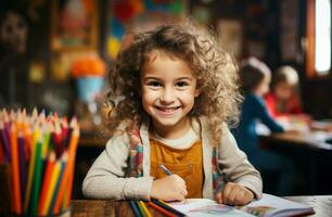 retrato do uma fofa pequeno menina desenhando em papel dentro uma Sala de aula ai gerado foto