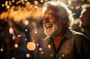 Senior homem tendo uma festa com dele amigos dentro uma Barra às casa ai gerado foto