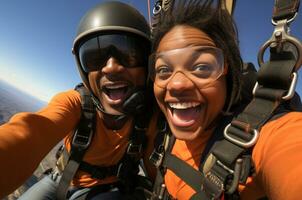 feliz casal levando selfie com parapente dentro a montanhas ai gerado foto