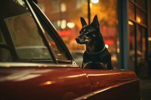 cachorro olhando Fora do a carro janela às pôr do sol ai gerado foto