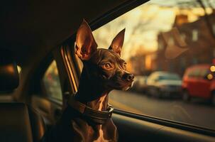 cachorro olhando Fora do a carro janela às pôr do sol ai gerado foto
