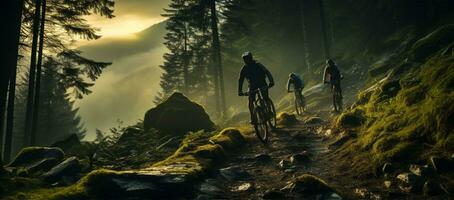ciclista equitação a montanha bicicleta em a sujeira estrada. extremo esporte conceito ai gerado foto